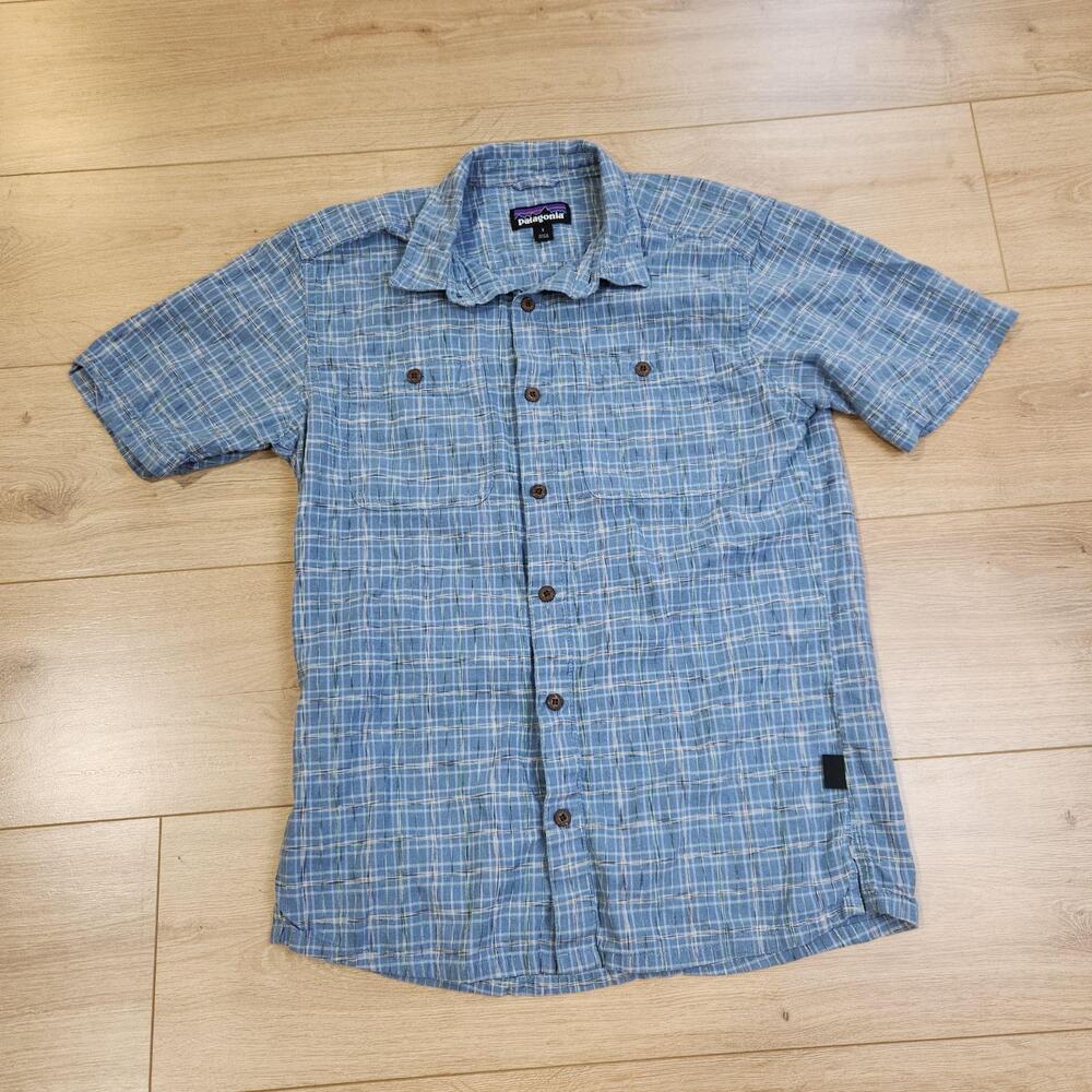 Patagonia Back Step Shirt Mens Small Blue Plaid Short Sleeve Button Hemp Outdoor